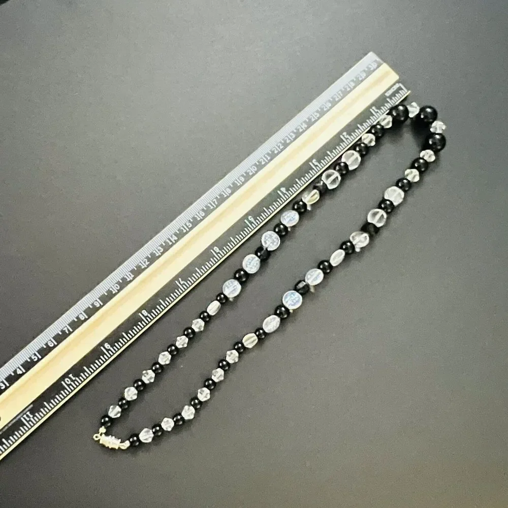 Vintage Clear Black Beads Beaded Necklace Confetti Flat Beads Barrel Clasp  4166